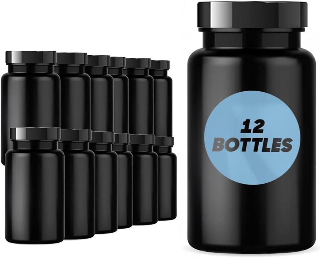 Plastic Pill Bottle (12 Pack) Dark Amber Container with Smoothed Lid, 38-400 Neck, 120 cc Capacity
