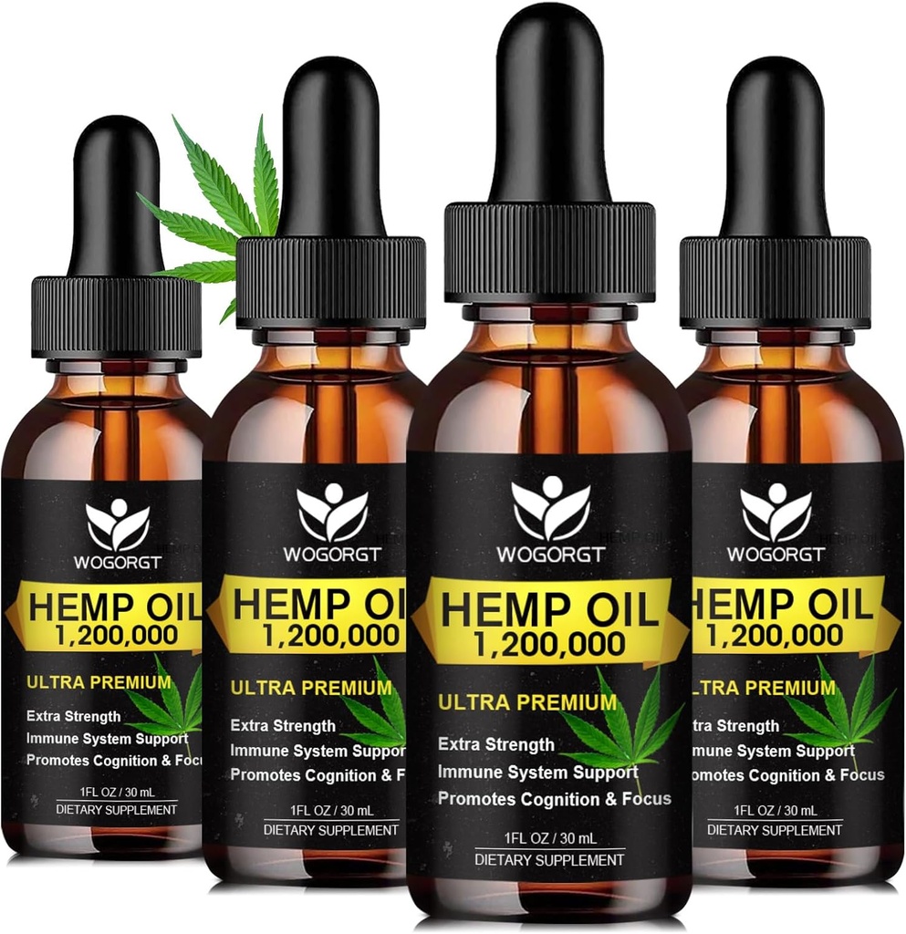 (4 Pack) Organic Hemp Oil - 100% Natural Hemp Oil Extract, Relaxation, Immune Support, Rich in Omega 3, 6, 9 Fatty Acids, Vegan - 30mL