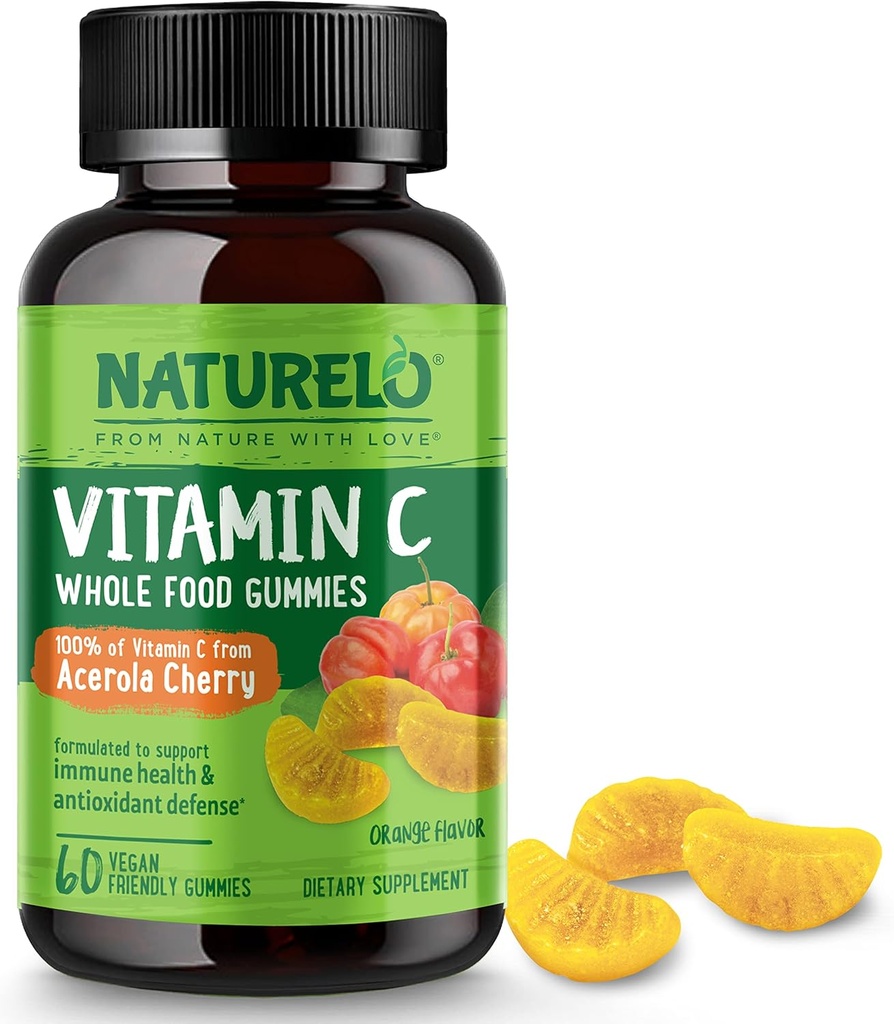 NATURELO Alimento completo Vitamina C Gummies, Vitamina C de la cereza de Acerola, Suplemento de base vegetal, 60 Gummies vegetarianos