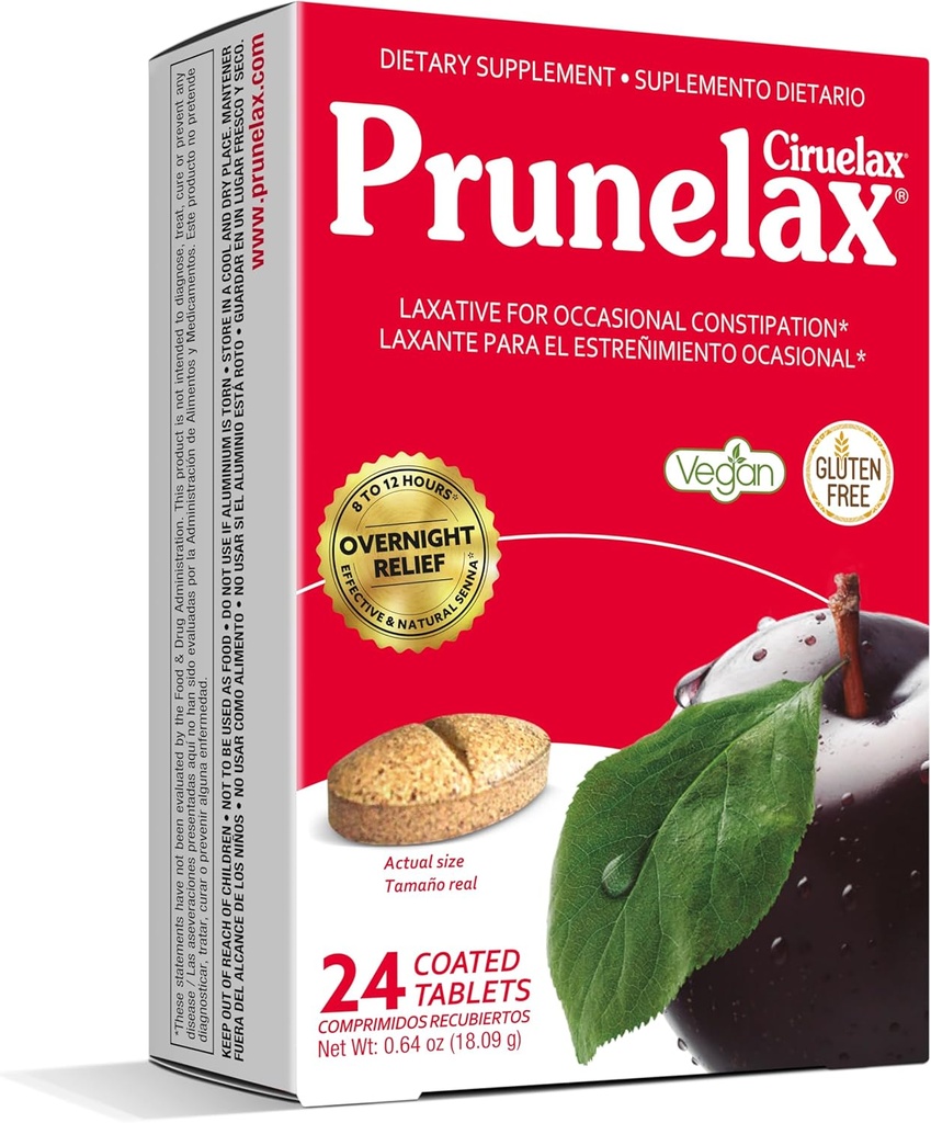 Prunelax Ciruelax Tablas laxantes de fuerza regular - Alivio de la noche para el estreñimiento ocasional, Senna Extract, Vegan &amp; Gluten-Free, Fast-Acting Gentle Relief - 24ct