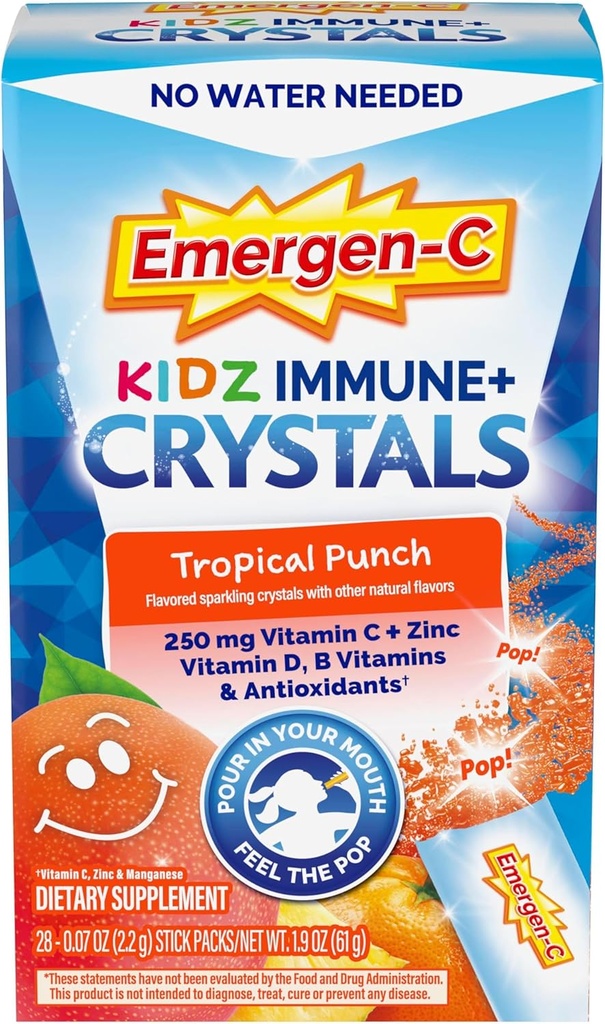 Emergen-C Kidz Immune Plus Crystals, On-the-Go Immune Support Supplement with Vitamin C, Vitamin D, B Vitamins, Zinc and Manganese, Tropical Punch - 28 Stick Packs
