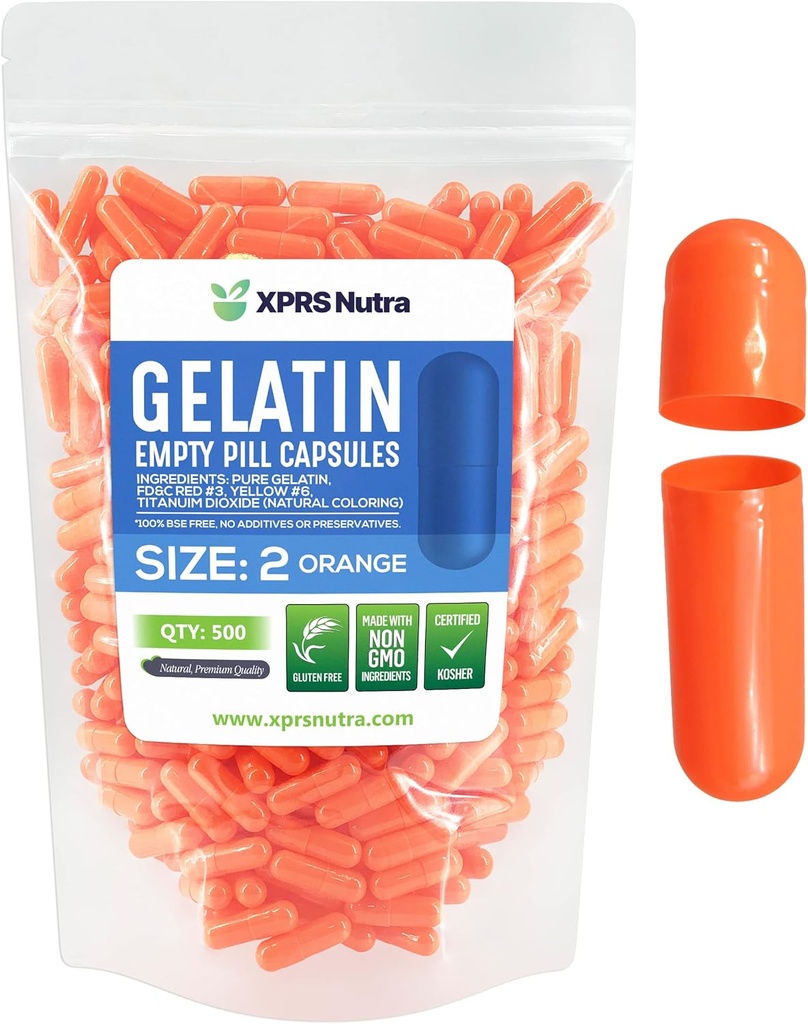 XPRS Nutra Size 2 Empty Capsules - 500 Count Empty Gelatin Capsules - Pills DIY Capsule Filling - Pure Bovine Pill Gel Caps for Do-It-youself Supplements (Orange)
