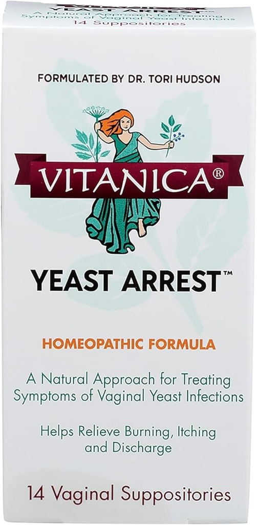 Vitanica Yeast Arrest, Homeopathic Vaginal Suppositories, for Yeast Infection Symptoms, Relieves Burning, Itching & Discharge, with Boric Acid, Tea Tree Oil & Probiotics, Vegan (Yeast Arrest, 14)