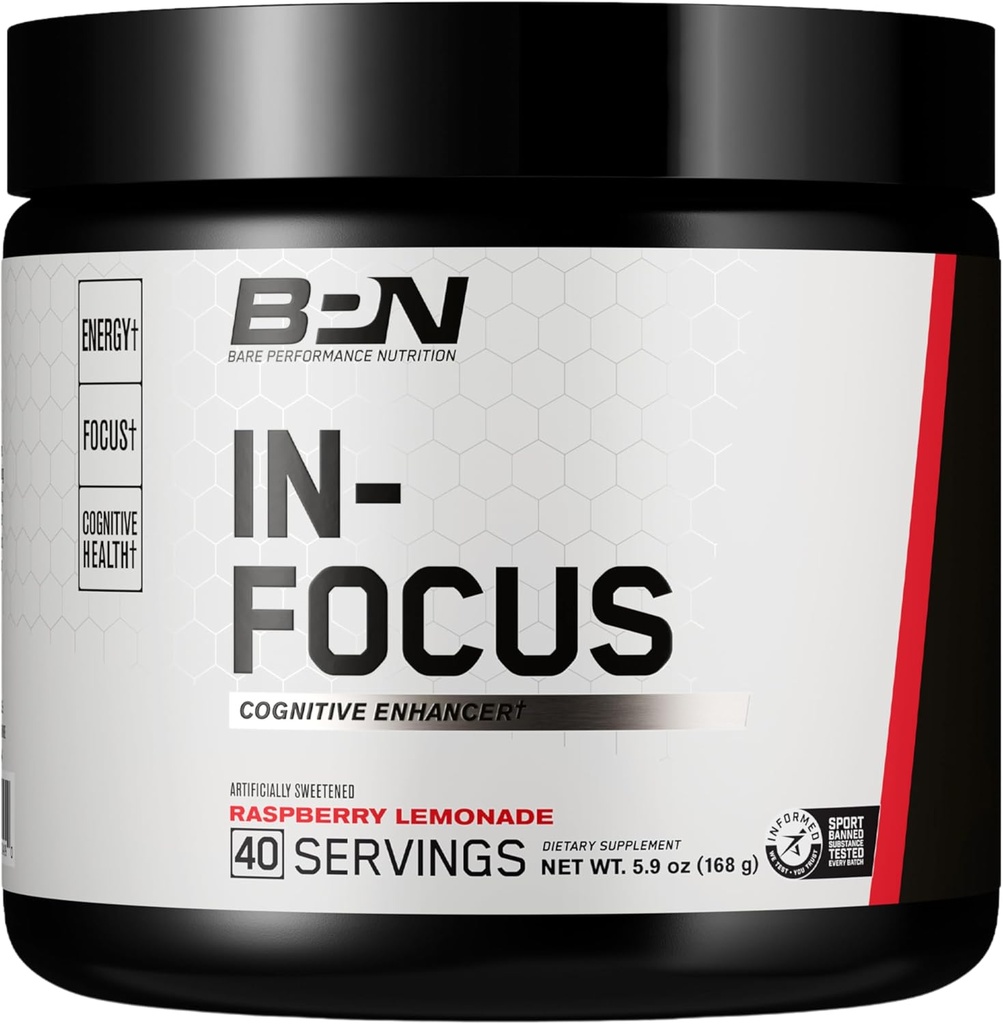 BARE PERFORMANCE NUTRITION, BPN in-Focus Brain Support Supplement, Improve Focus & Energy, Alpha GPC, Raspberry Lemonade, 40 Servings