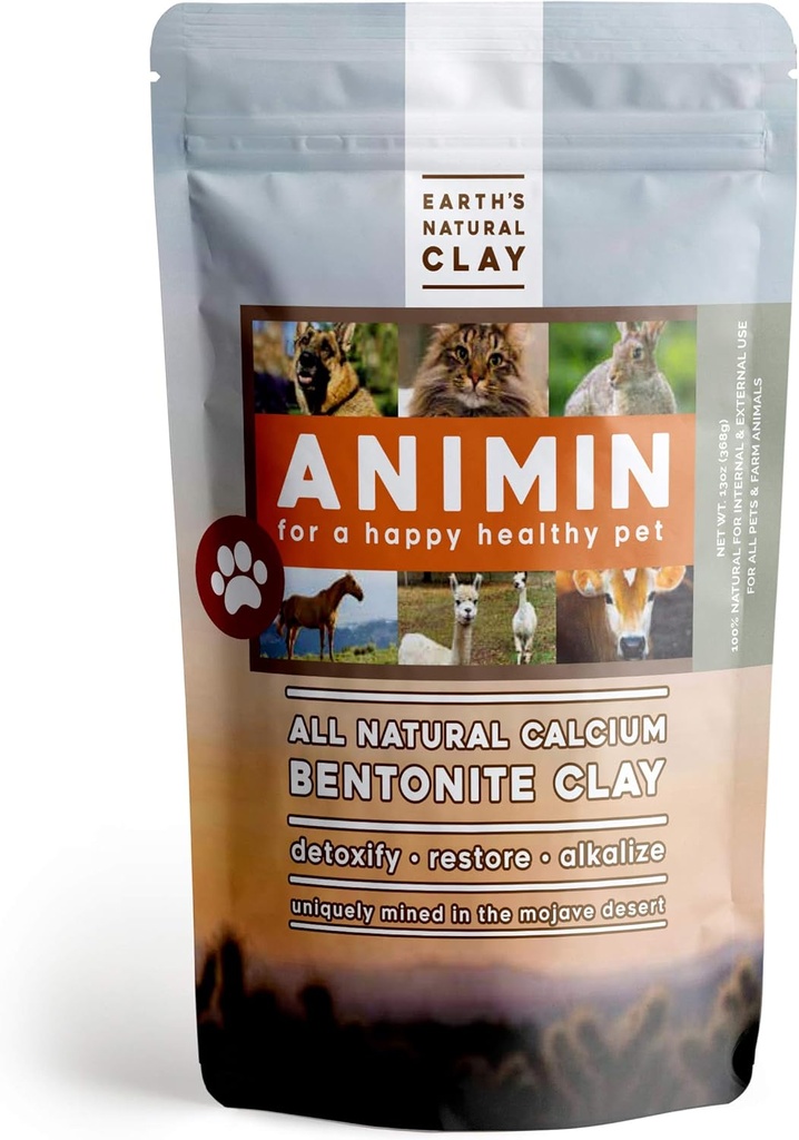 Animin vivo de la Tierra Calcio de arcilla bentonita para mascotas TEN 13 oz TENIDO Alkalizing Detox Powder Alilieves Artritis, Diarrea etc ANTE Cleanses Toxins, Parasites, Bacteria ANTE Soporta Sistema Digestivo e Inmunitario