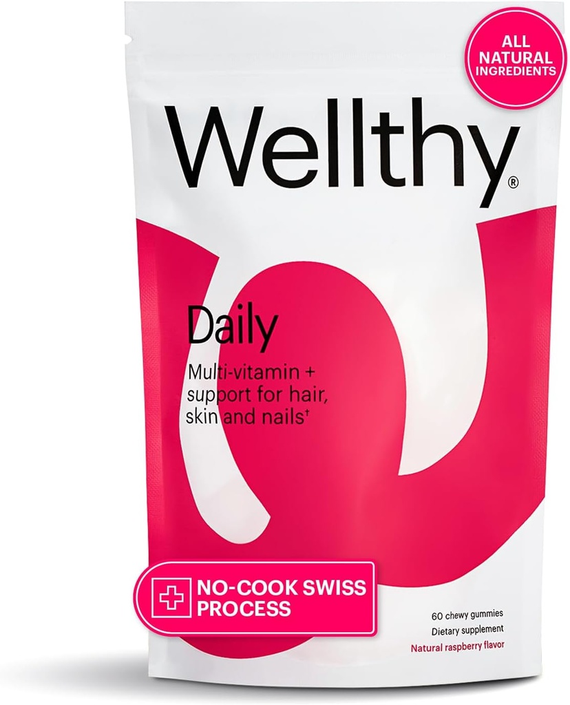 Wellthy Daily Multivitamin Gummy, Vegan Chewable Vitaminas para Hombres Mujer con Zinc, Biotin, Selenium, y Niacin para Skin, Nail y Hair Support (Raspberry Flavor, 30 Day)