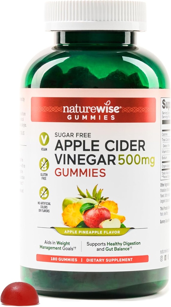 NatureWise Apple Cider Vinegar ACV Gummies - 1000mg ACV por 2, Sugar Free, Vegan - Energy & Gut Health - ACV Gummies W/Vitamin B12-180 Gummies[3-Month Supply for 1000mg / 6-Month Supply for 500mg]
