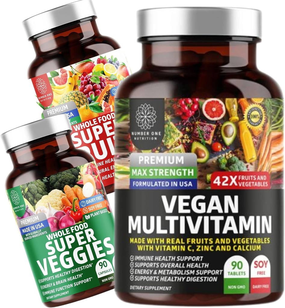 Número 1 Nutrición N1N Premium Super Fruits & Veggies Suplemento [40 Whole Foods] y Vegan Multivitamin [86 Ingredients, Plant-Based], 2 Pack Bundle
