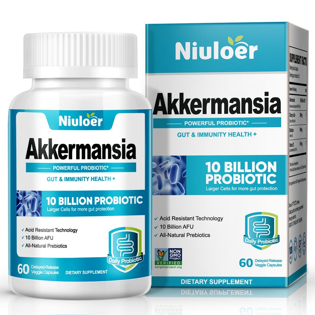Akkermansia Probiotic, Probiotics for Women & Men - 10 Billion AFUs + Organic Prebiotics, Digestive, Gut, Immune & Overall Health, Enhances Gut Digestive Lining Function (60 Capsules, 1-Pack)