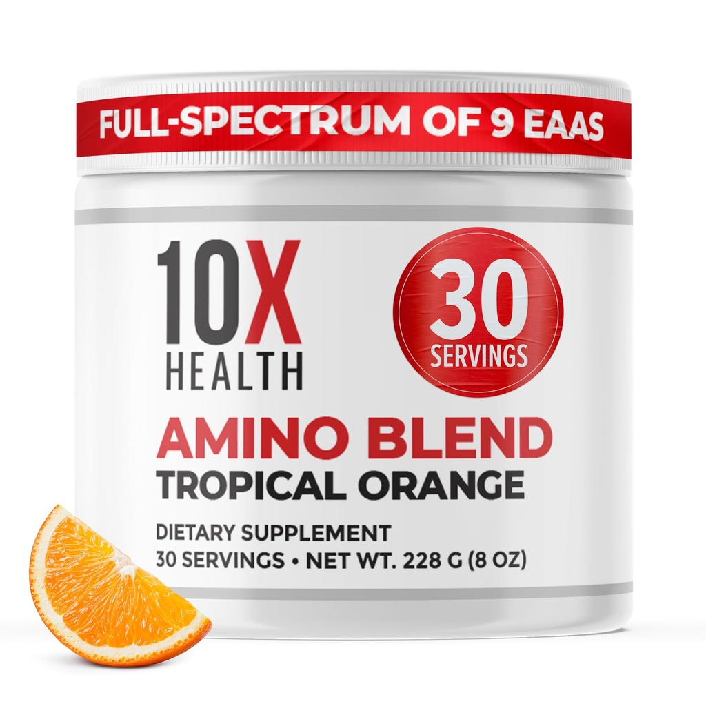 10X Health Amino Acids - 30 Servings of EAA & BCAA Powder, Pre Workout BCAA with Essential Amino Acids Supplement - BCAAs & EAAs for Longevity, Muscle Support, Strength, Energy - Tropical Orange