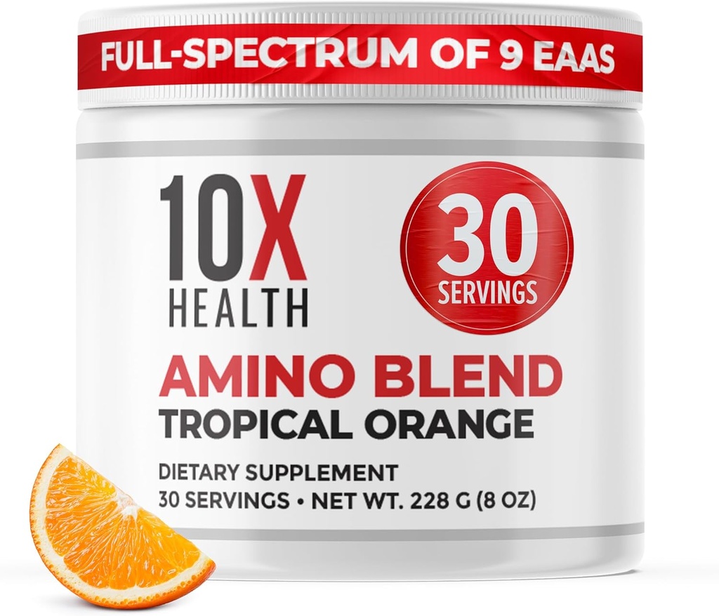 Aminoácidos de salud 10X - 30 Servimientos de Pólvora EAA &amp; BCAA, Pre Workout BCAA con Aminoácidos esenciales Suplemento - BCAAs &amp; EAAs para la longevidad, apoyo muscular, fuerza, energía - naranja tropical