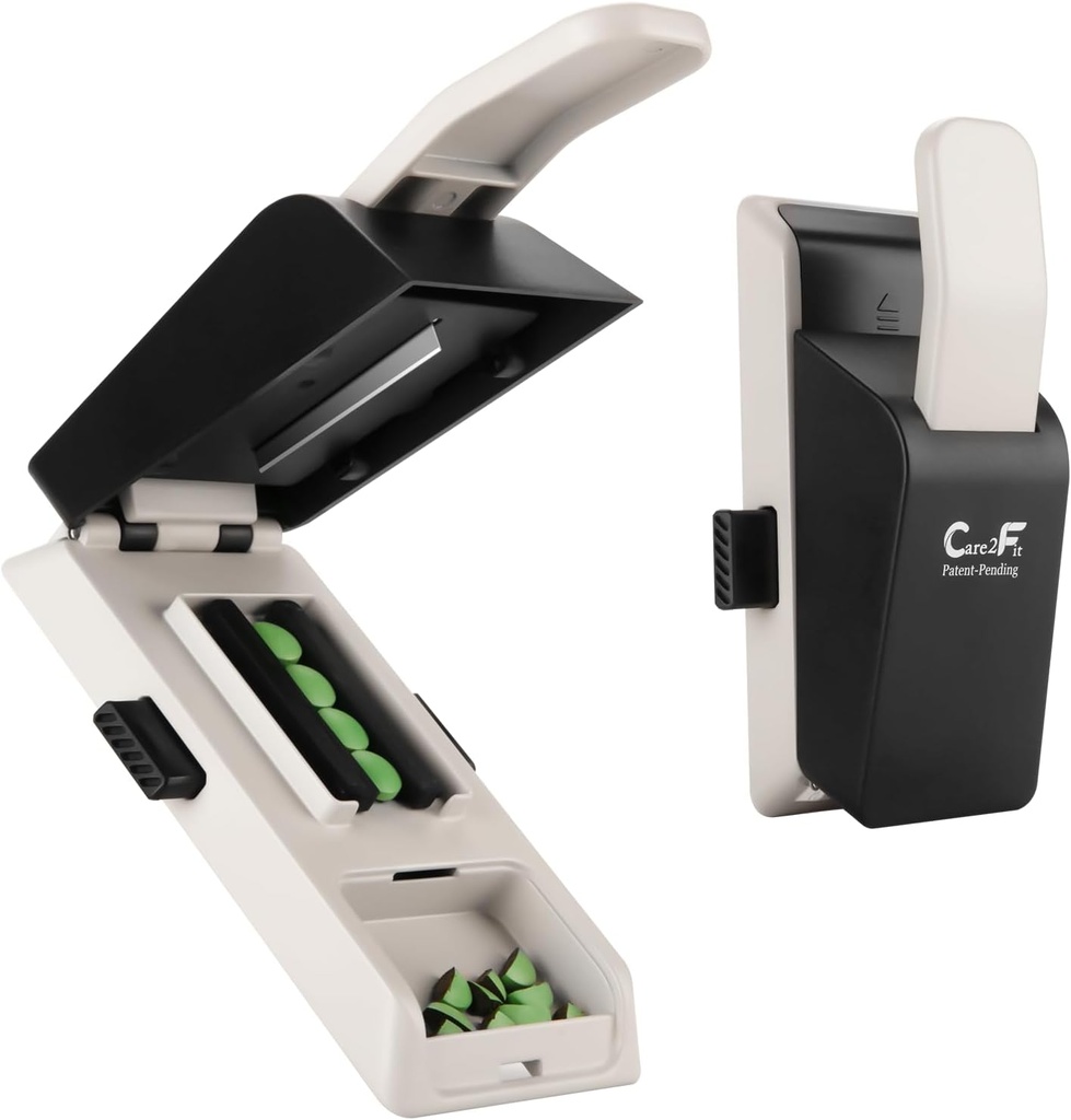 Dispositivo de cuchilla de centro automático, divisor de píldoras hechos de aleación de aluminio de aviación con 402 cuchillas inox, diseño anticorte, control de operación ergonómica, diseñado en los EE.UU. (White)
