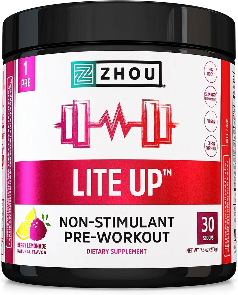 Zhou Lite Up - Non Stim Powder, Nitric Oxide Stim Suplemento gratis para Hombres &amp; Mujeres, Caffeine Free Boost, Clean Formula - Berry Lemonade Flavor, 7,5 oz Jar (30 Scoops)