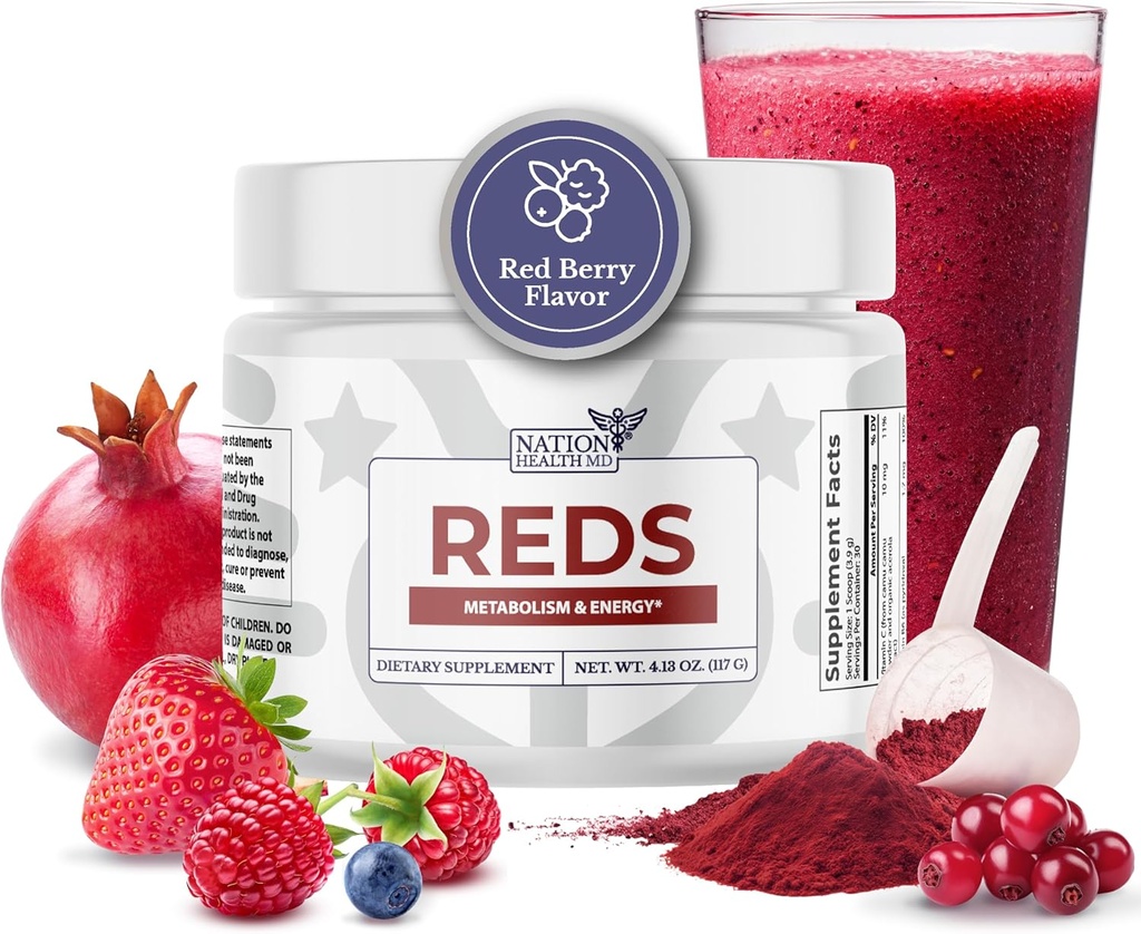 Redes - Super Rojos Polvo con 39 Superalimentos, Antioxidante-Rich Red Powder Superalimentos, Probióticos & Enzimas Digestivos para Energía, Metabolismo & Gut Health - Red Berry Flavor
