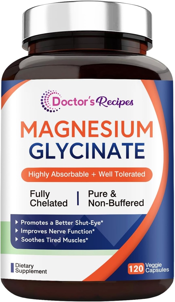 Recetas del doctor Magnesium Glycinate, Chelated " Non Buffered, Highly Absorbable, para adultos de niños, para relajarse " sueño, no GMO, 120 caps Vegan