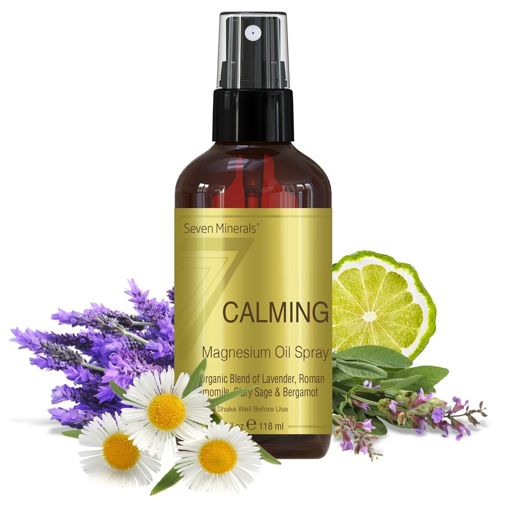 Seven Minerals Calming Magnesium Spray tención 100 Percent Natural Essential Oils Blend - Made in USA (Lavender, Roman Chamomile, Clary Sage y Bérgamot) Silencioso eBook Incluido (Nuevo)