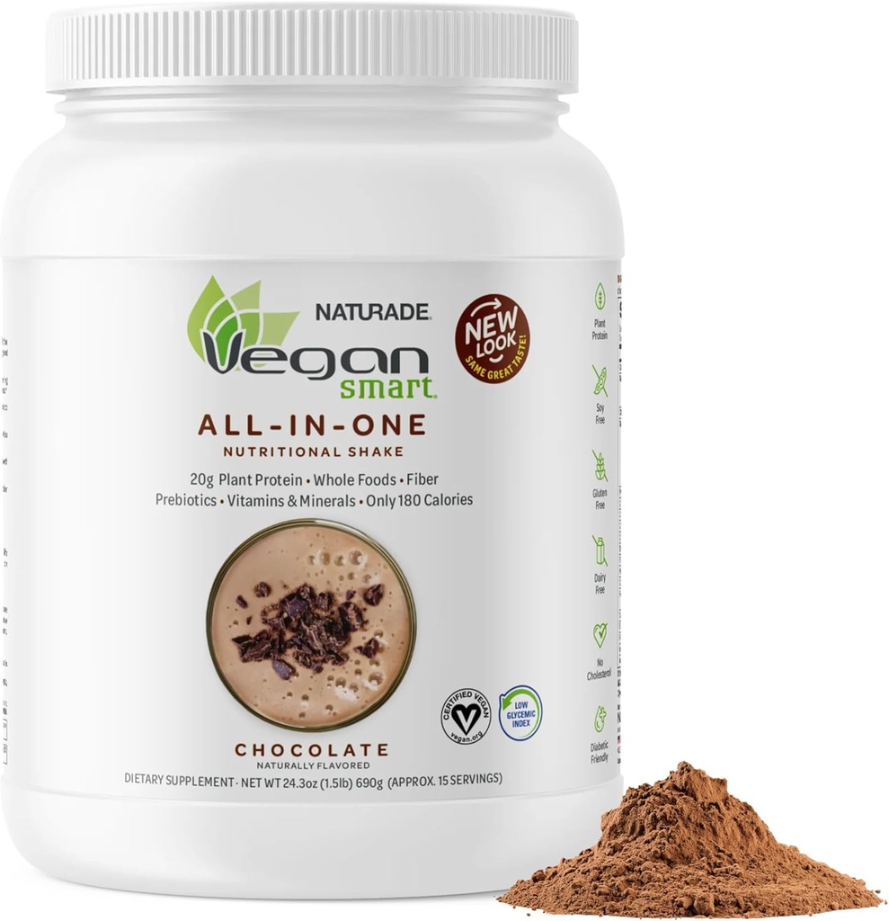 Vegansmart Naturade Planta base de polvo de proteína vegano - All-in-One Nutricional Shake Protein Blend - Gluten Free &amp; Non-GMO - Chocolate (15 Servimientos)