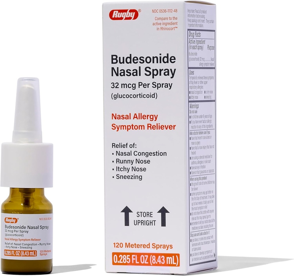 Rugby Budesonide Nasal Spray - Alivio de Congestión de Alergia y Nasal - Sin alcohol - 0.285 Fl. Oz.