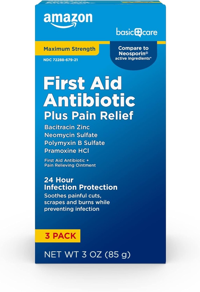   Basic Care Maximum Strength First Aid Triple Antibiotic Ointment, Pain Relief For Minor Cuts, Scrapes and Burns, 3 ounce (Pack of 1)