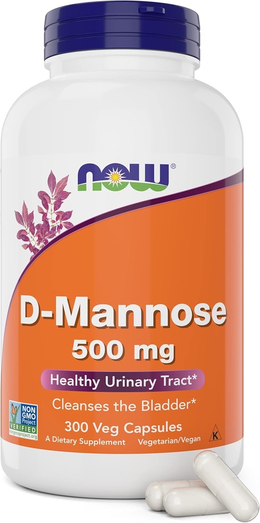 Ahora D-Mannose 500 mg, 300 cápsulas - Vegan, Suplemento No OGM para Mujeres y Hombres - Apoyo Tracto urinario saludable, limpia la vejiga