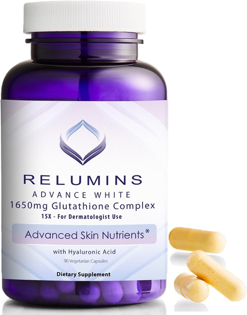 Reluminas 1650mg L-Glutathione Complejo con Ácido Hialurónico, Ácido Lipoico alfa, Rosa HIPS, Vitamina E & Riboflavin – Apoyo Antioxidante, Perfecto para lograr un flujo de vacaciones, hecho en EE.UU. – 90 cápsulas