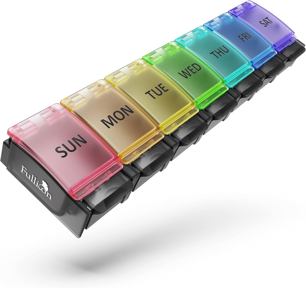 Caja de píldoras semanales Fullicon organizador, cajas de mesa de 7 días para vitaminas y suplementos, caja de medicina fácil de abrir, organizador de medicamentos portátiles para viajes