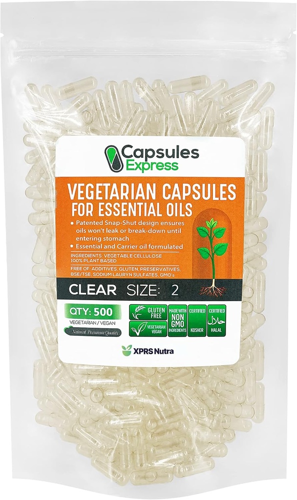 XPRS Nutra Tamaño 2 Cápsulas vacías - 500 Contar Cápsulas vegetales claras para aceites esenciales - Cápsulas vegetales vacías para aceites esenciales - relleno de píldoras DIY