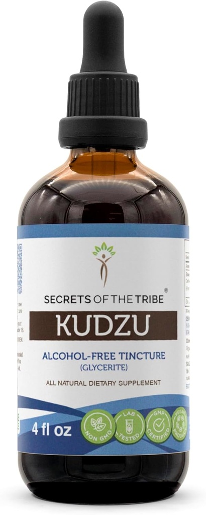 Secretos de la Tribe Kudzu Tincture Extracto líquido libre de alcohol, Kudzu (Pueraria Lobata) Berry seco (4 FL OZ)