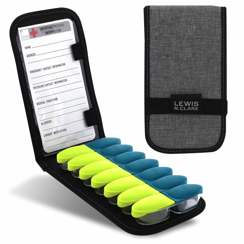 Lewis N. Clark Magnetic Polding Pill Organizer Suplemento Caso de Medicina OTC, Vitaminas de Prescripción - 14 Ranuras, Gray/Black (B779)