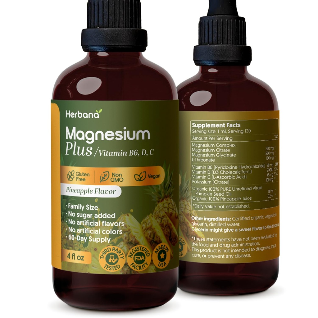 Magnesium Plus Pineapple Flavor - Magnesium Citrate, Glycinate/L-threonate & Vitamin B6, D, C/Liquid Drops Supplement 4 fl oz - Advanced Complex - 60-Day Supply