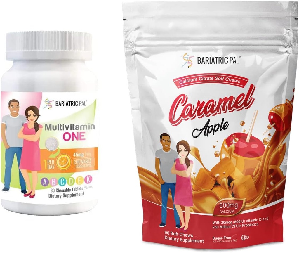 BariatricPal 30 días Bariatric Vitamin Bundle (Multivitamin ONE 1 por día! con 45 mg Iron Chewable - Orange Citrus y Calcium Citrate Soft Chews 500 mg con Probióticos - Caramel Apple)
