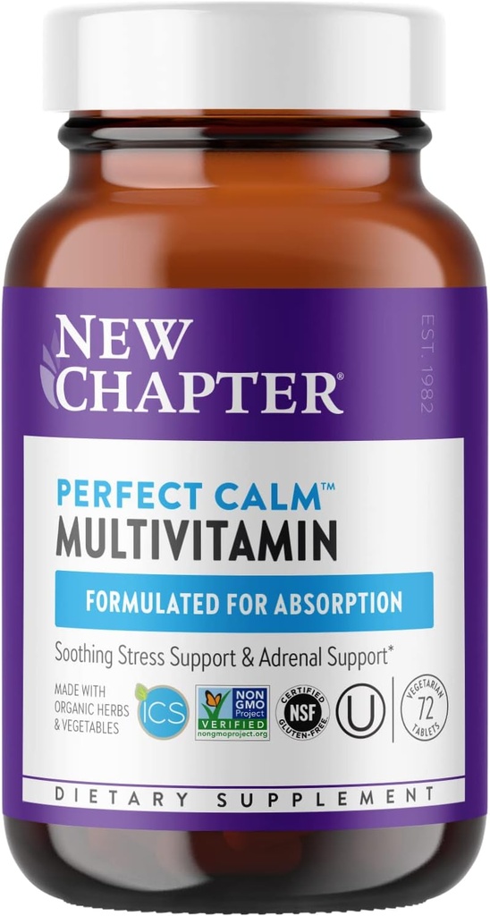 New Chapter Calming Supplement -Perfect Calm Multivitamin for Stress + Mood Support with B Vitamins + Holy + Lemon Balm + Organic Non-GMO Ingredients, Basil, 72 Count (Pack of 1)