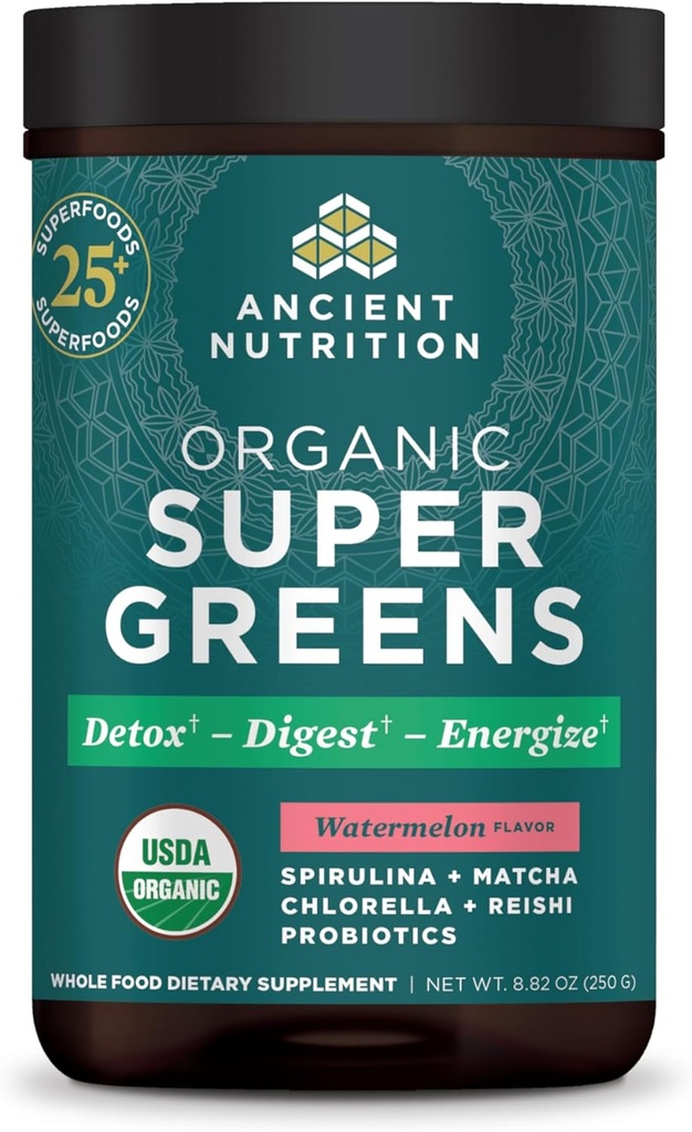 Antigua Nutrición SuperGreens Polvo con Probióticos, Verdes de sabor de sandía orgánica, Hecho de frutas reales, verduras y hierbas, para soporte digestivo y energético, 25 Servimientos, 8.82oz