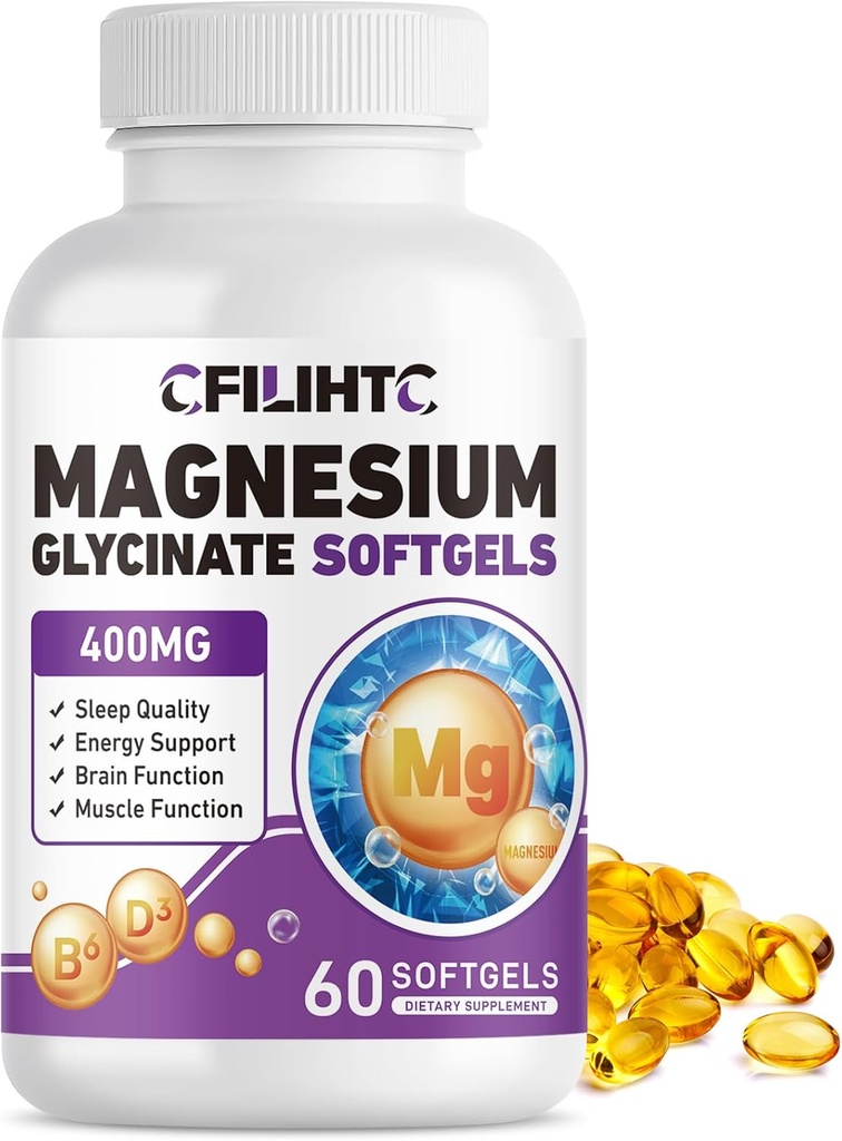 Magnesium Glycinate 400mg Softgels - High Absorption Magnesium Glycinate Supplement for Adults & Kids with Vitamin B6 & D3 - Support Sleep, Mood, Brain, Nervous, Muscle & Bone Health - 60 Softgels