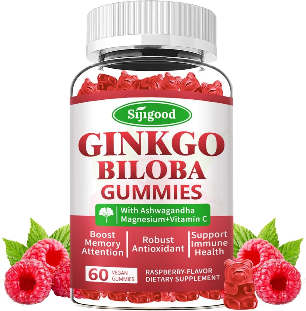 Ginkgo Biloba Gummies con Panax Ginseng y Magnesium, Ginkgo Biloba Suplementos para Focus, Memory y Brain Health para Adultos &amp; Niños, Vegan Raspberry Flavor Gummies, 60 Condes