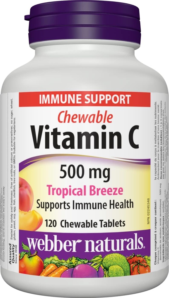 Webber Naturals Vitamina C Chewable 500 mg, 120 tabletas de sabor a brisa tropical