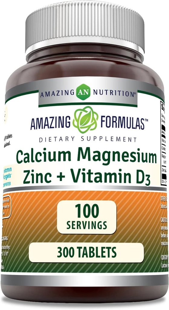 Fórmulas asombrosas Magnesio de calcio Zinc D3 - 300 Tabletas por botella Suplemento (Calcium 1000mg - Magnesium 400mg - Zinc 25mg Plus Vitamin D3 600 UI - Por Serving of 3 Tablets)