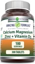Fórmulas asombrosas Magnesio de calcio Zinc D3 - 300 Tabletas por botella Suplemento (Calcium 1000mg - Magnesium 400mg - Zinc 25mg Plus Vitamin D3 600 UI - Por Serving of 3 Tablets)