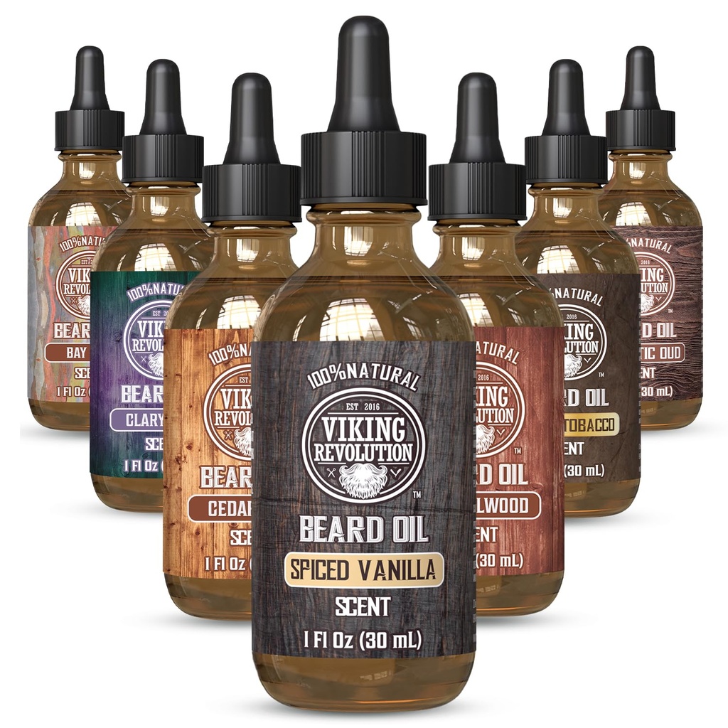 Vikingo Revolución Aceite de barba de vainilla picada para hombres - Aceite de barba de hombres naturales con aceite de argán y Jojoba - Suave la barba, fortalece y hidrata