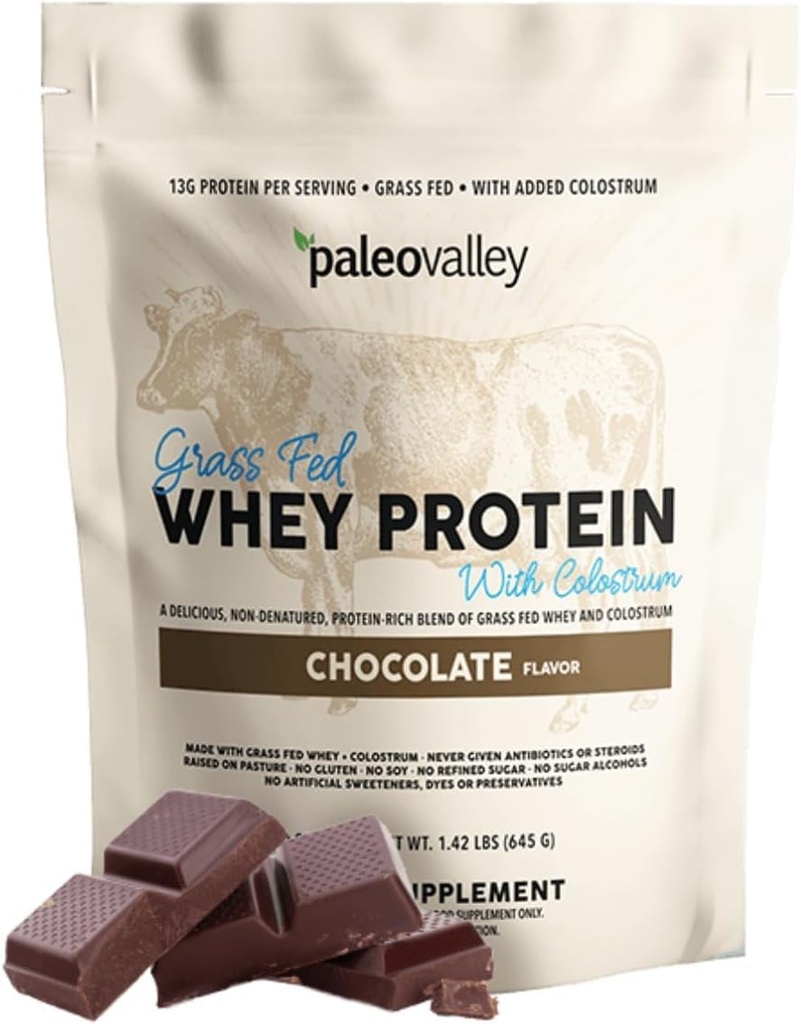 Paleovalley 100% Grassfed Whey Protein Powder con Colostrum, 13g Protein, Chocolate, Muscle Building, Immune Support, Gut Health