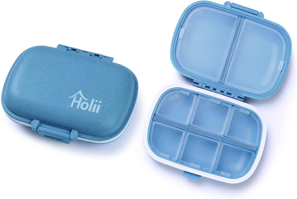 Holii 2PS 8 Compartments Travel Pill Organizer, Pocket Pharmacy for Purse Daily Pill Box Portable Medicine Organizer Vitamin Holder Container (Blue)