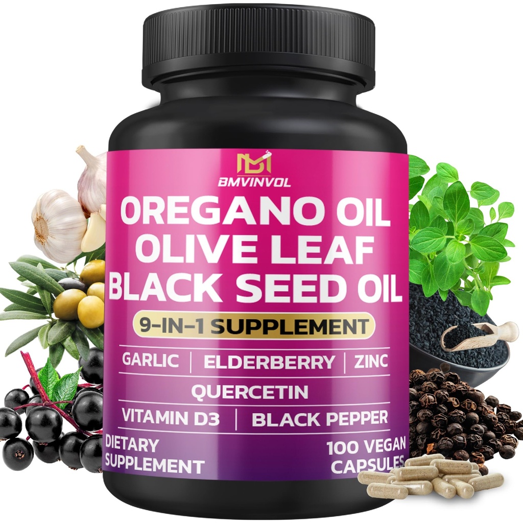 BMVINVOL Oregano Garlic Olive Leaf Black Seed + 5 Más - Immune Support &amp; Digestive Health Supplement for Women and Men - 100 Capsules