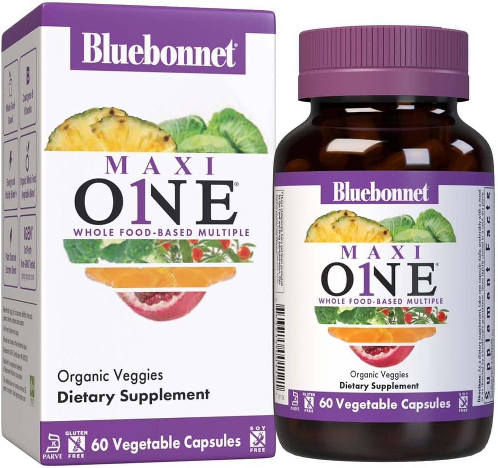 Bluebonnet Nutrition Maxi One (con hierro), Whole Food Multiple, Enzymes, Energy, Vitality, Gluten " Dairy " Soy Free, Kosher, Vegetarian Friendly, Non-GMO, 2 Month Supply, Beige, 60 Cuenta