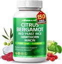 Citrus Bergamot Suplemento - 15-in-1 Natural Blend with Red Yeast Rice Hawthorn Olive Leaf Odorless Ajo Turmeric Ginger Fenugreek - 150 Cuenta - Hecho &amp; probado en los EE.UU.