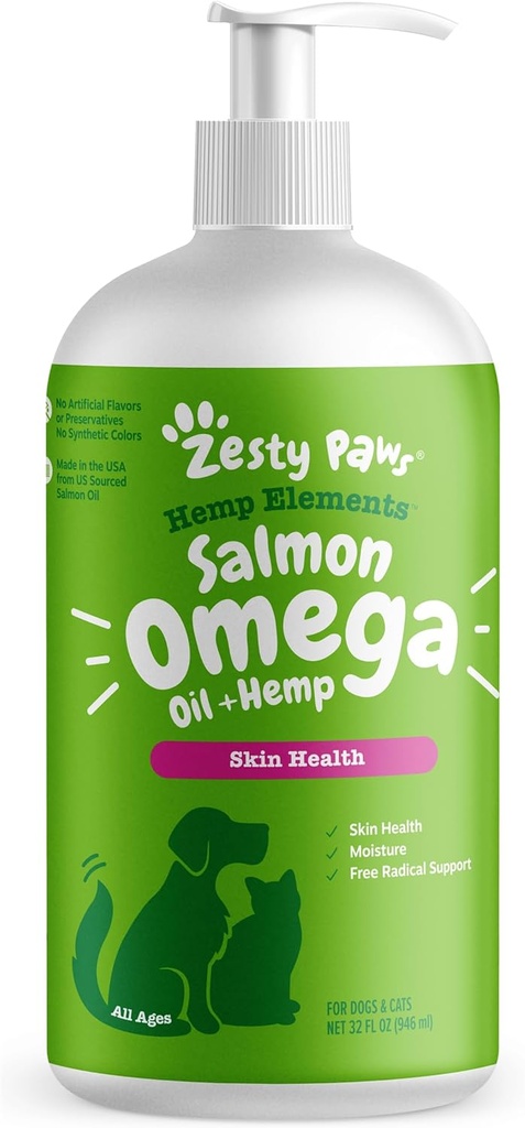 Zesty Paws Salmon Omega cáñamo de aceite para perros y gatos con salmón salvaje de Alaska Óleo Omega 3 y 6 ácidos grasos con EPA DHA para mascotas Soportes Moistura de piel normal y funcionamiento del sistema de inmunes 32oz