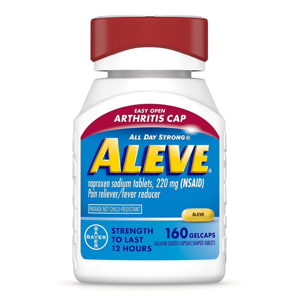 Aleve Gelcaps con Easy Open Arthritis Cap, Naproxen Sodium, Medicación para el dolor de la artritis, 160 Conde