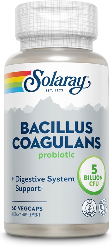SOLARAY Bacillus Coagulans Probiótico - 5 millones de microorganismos en vivo - Digestión y apoyo a la salud del cuerpo completo Probióticos con fibra prebiótica de inulina, garantía de 60 días, 30 Serv, 60 VegCaps