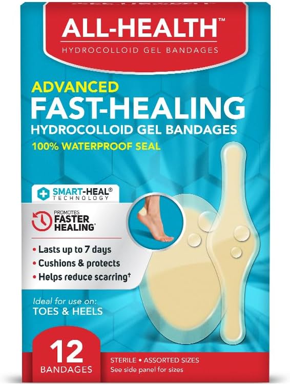 All Health Advanced Smart Healing Hydrocolloid Gel Bandages, Tamaños surtidos, 12 ct ← Promueve la curación para las ampollas de primeros auxilios o cuidado de heridos