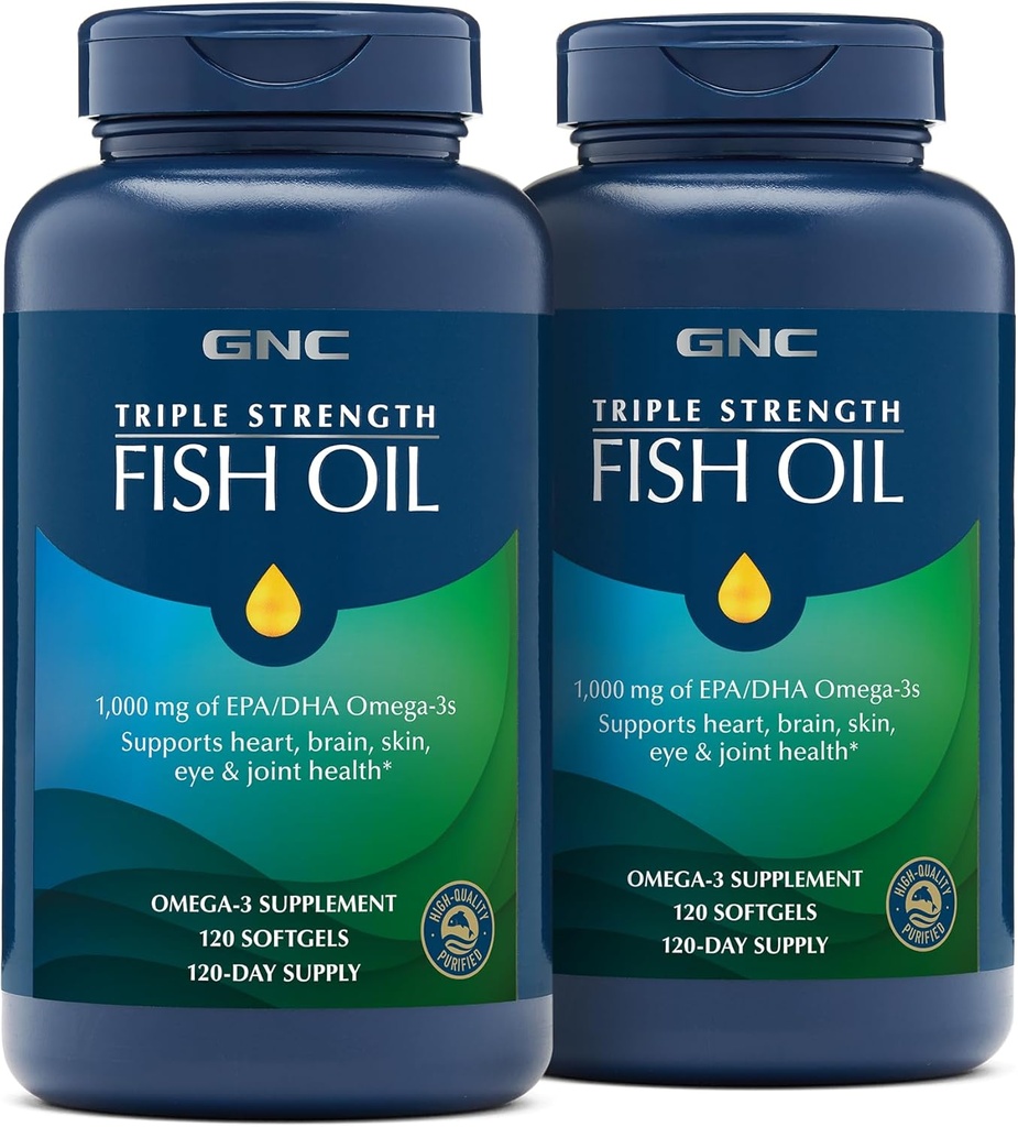 GNC Triple Strength Fish Oil, Twin Pack, 120 Softgels per Bottle, Supports Heart, Brain, Skin, Eye and Joint Health