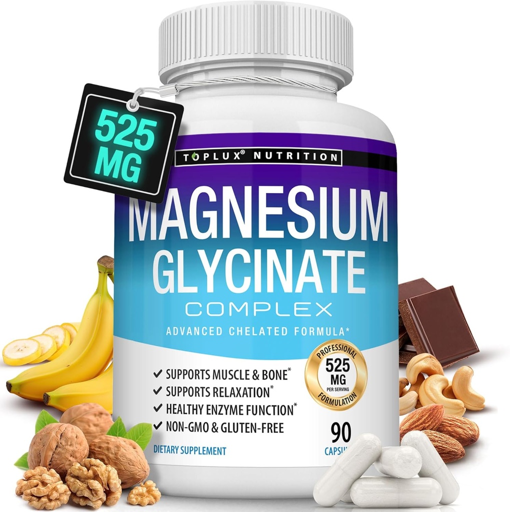 Magnesio Glycinate 525mg - Alta Absorción Magnesio Chelated Suplemento Hecho con Glycinate de Magnesio Puro - Apoya músculos, sueño, calambres, recuperación Complejo Bisglycinado Vegan No GMO 90 cápsulas